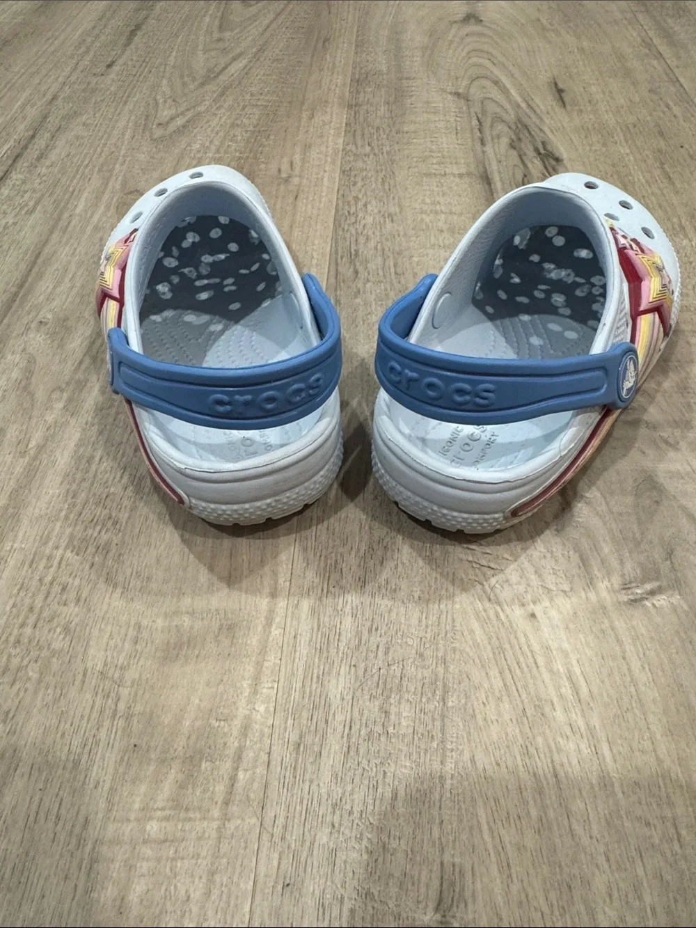 CROCS Kids White Clogs with Blue Strap and Red Star Charms